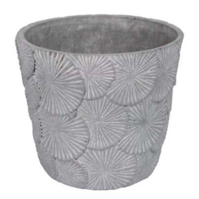 Beautiful rustic style concrete flower pot cover with textured floral pattern by Gisela Graham. Perfect for complementing your potted plants. Size 17x15x17cm